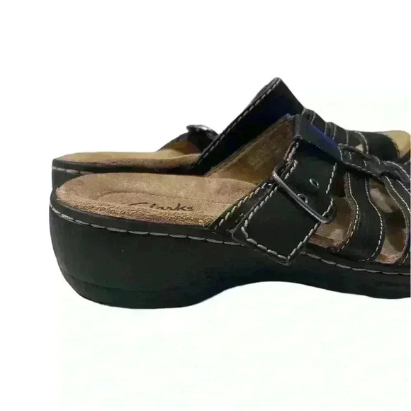 clark’s  Bendables Womens Size 8 Leather Cross Strap Slide Sandals Shoes black - Picture 7 of 7